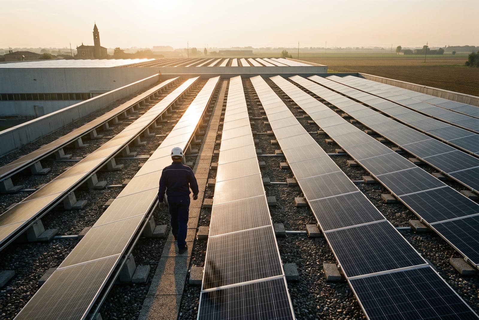 Tecnico sul tetto piano di un capannone nella pianura modenese tra le file di moduli fotovoltaici su zavorre