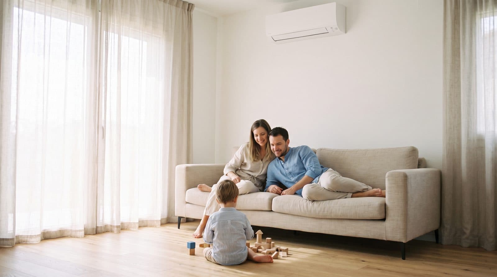Famiglia in salotto con climatizzatore split a parete