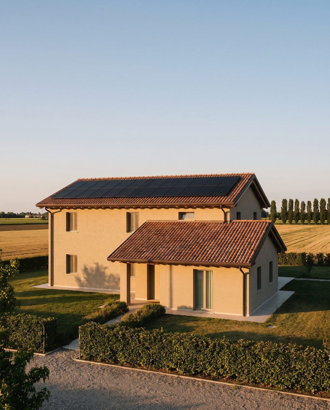 Villetta con impianto fotovoltaico sul tetto nella pianura modenese al tramonto