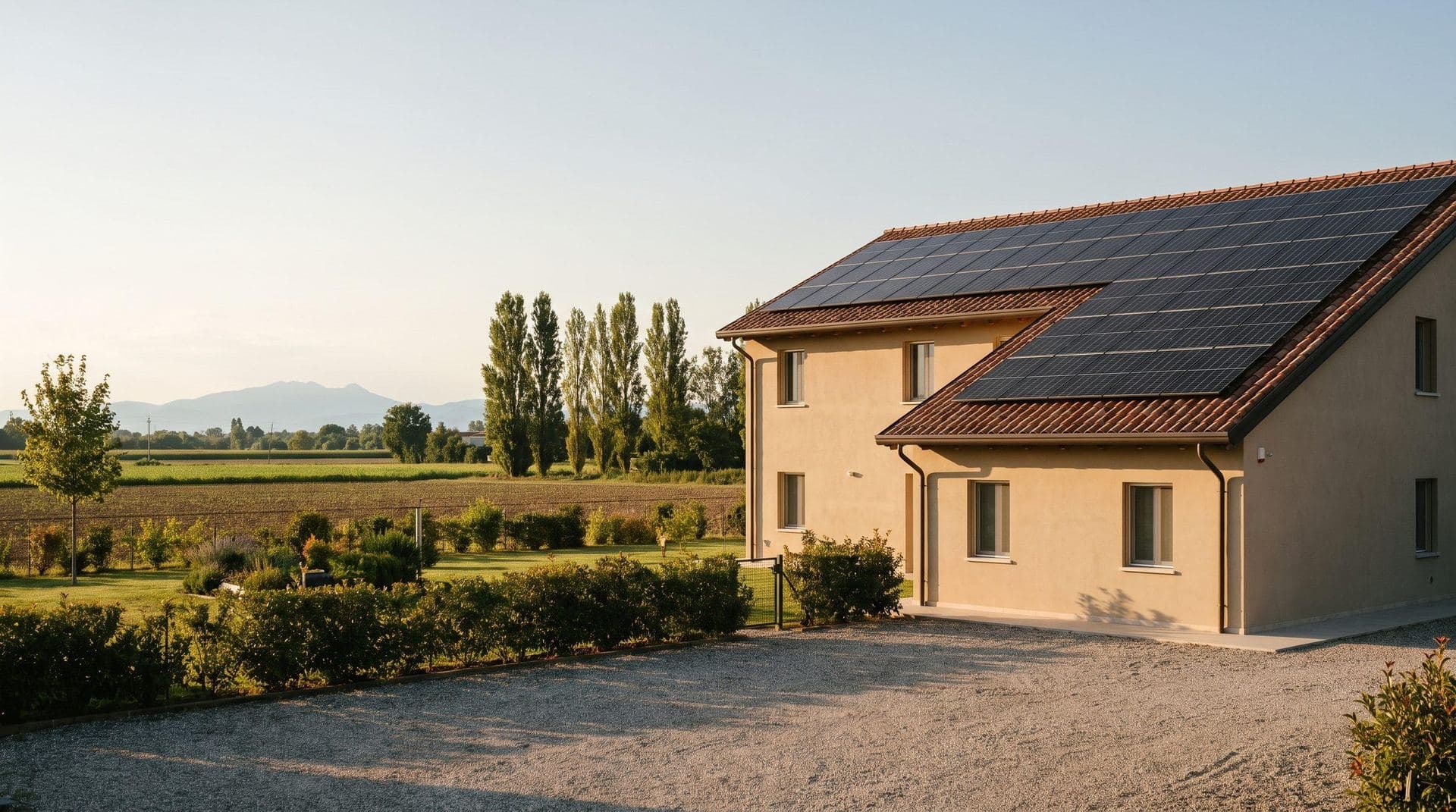 Villetta con impianto fotovoltaico al tramonto nella pianura modenese
