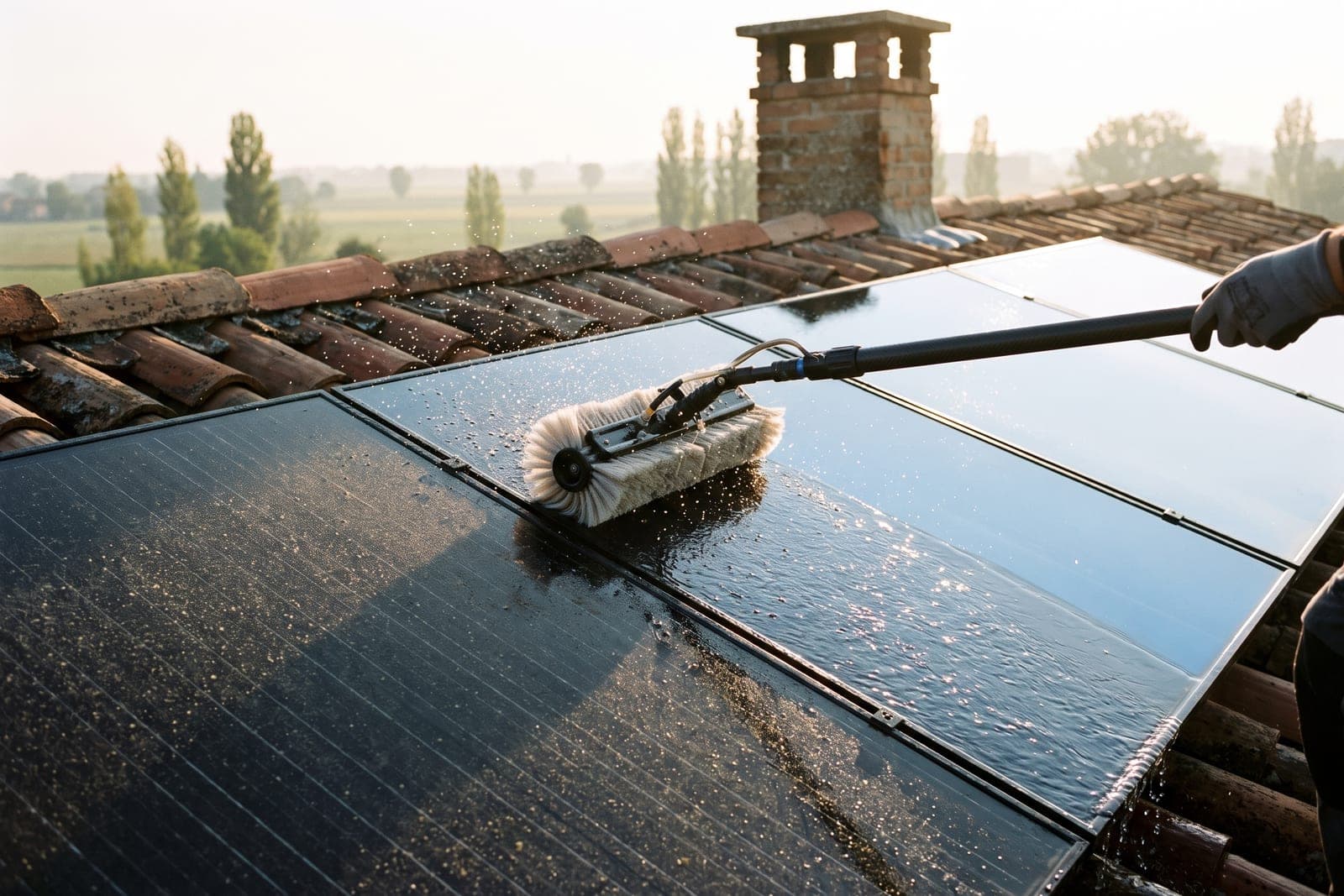 Spazzola rotante ad acqua demineralizzata su un pannello fotovoltaico bagnato, tetto in coppi e campagna modenese al mattino