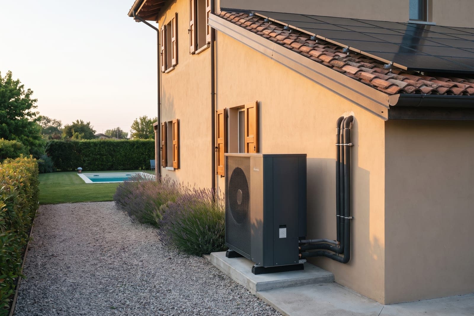 Pompa di calore accanto a una villa con fotovoltaico sul tetto e piscina in giardino