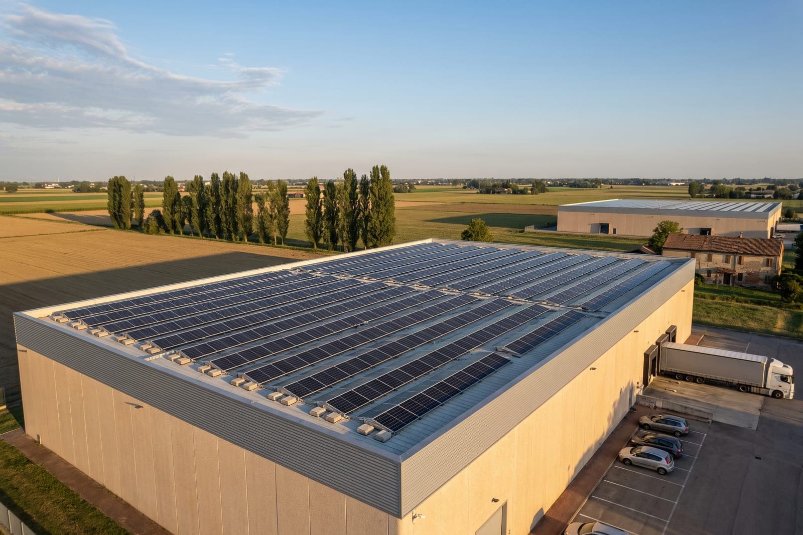 Vista aerea di un capannone con il tetto piano coperto da moduli fotovoltaici nella pianura modenese